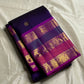 Peacock Purple Rajam – Pure Silk Kanchipuram Saree
Deep Peacock Purple Body with Gold Zari Buttas
Korvai Borders with Temple, Peacock & Elephant Motifs
Rich Zari Pallu with Vertical Brocade Stripes
Silk Mark Certified | ships in two week| Blouse Stitching
