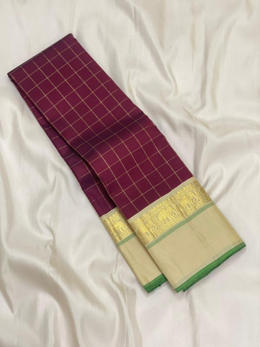 Kanchana Checks — Pure Kanchipuram Silk
Jamuni Gold Grid × Ivory border  with Gaja Zari
Ivory Zari Pallu • Contrast Jamuni Blouse
Silk Mark Certified • Free Shipping within USA
Dispatch in 1 Week • Ships in Two Weeks