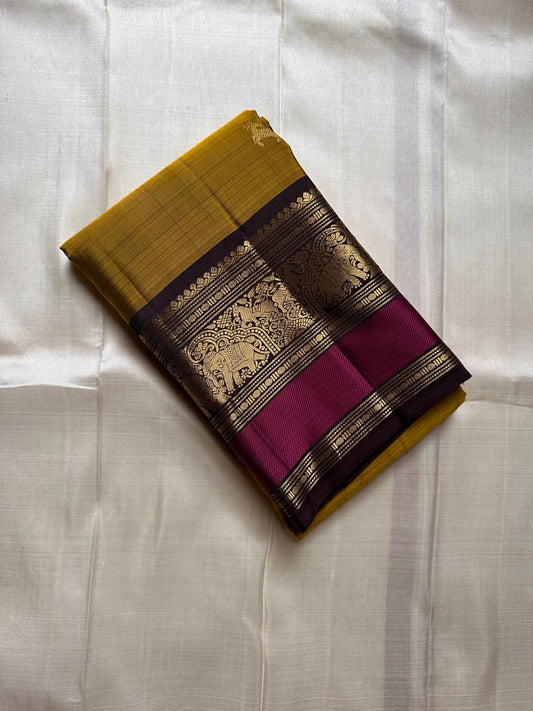 Manjal Jamuna – Pure Kanchipuram Silk Saree
Turmeric glow, softly lit in silk.
Ashwa buttas dance across the body.
Jamuna korvai with regal deer butta .

Silk Mark Certified, delivery in 2 weeks