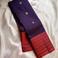 Minmini – Deep Purple Pure Kanchipuram Silk Saree with Gold Zari Buttas, Fiery Orange Checked Zari Border & Rich Gold Brocade Pallu with Traditional Motifs