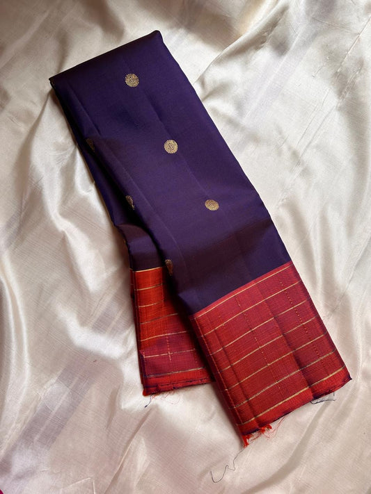 Minmini – Deep Purple Pure Kanchipuram Silk Saree with Gold Zari Buttas, Fiery Orange Checked Zari Border & Rich Gold Brocade Pallu with Traditional Motifs