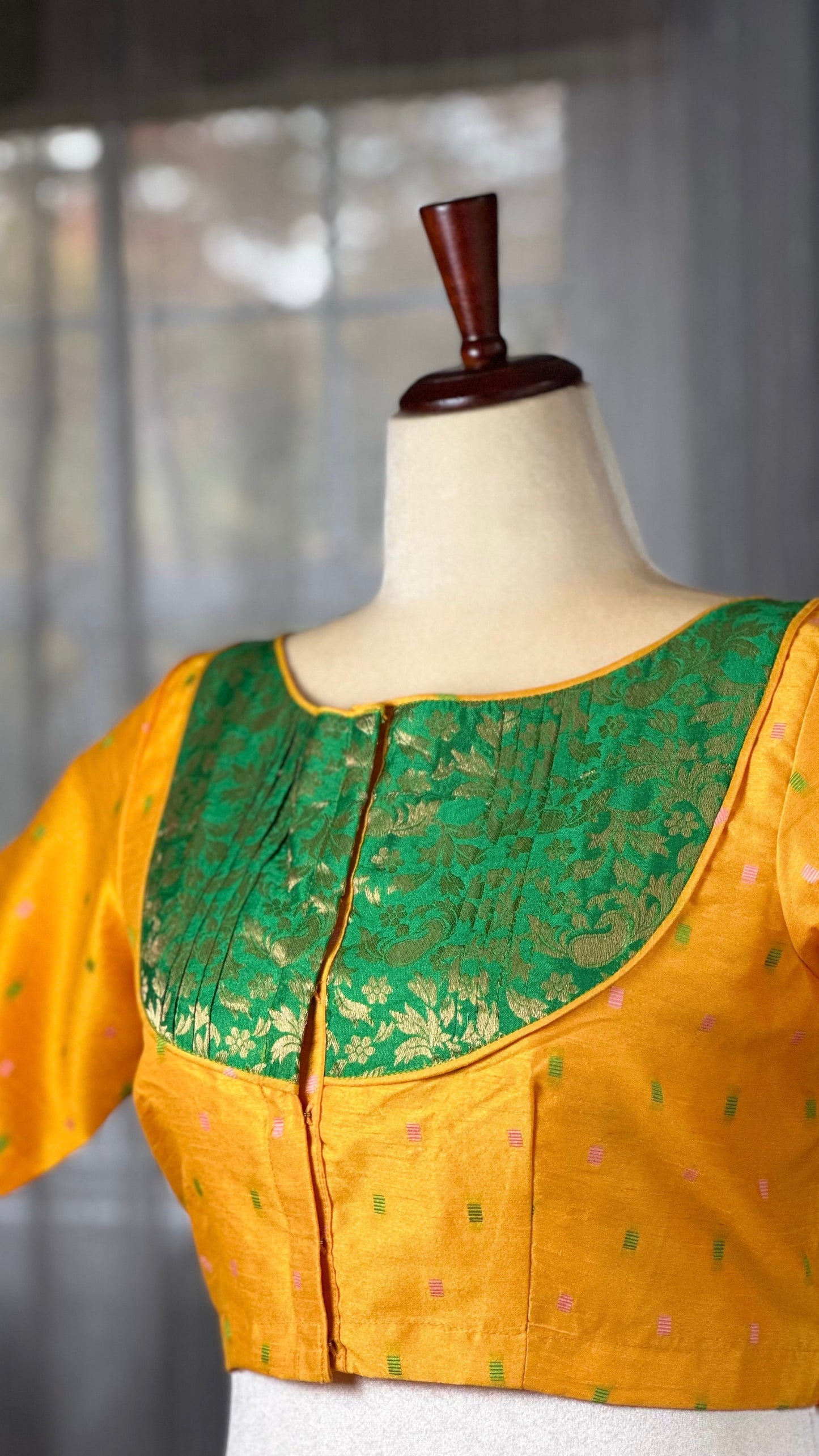 Mira - golden yellow & green silk blouse