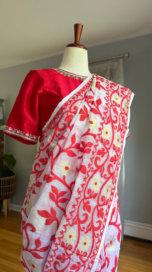 Red & White Jamdhani Muslin Silk Saree
with Hand-Embroidered Pure Silk Cotton Blouse- custom blouse made to your measurements 
Free Shipping within USA • Ships in 3 Weeks •