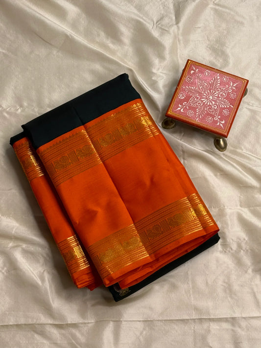 Divya – Handwoven Black Kanchipuram Pure Silk Saree with Mayil & Floral Butta, Finished with a Bold Rettapettu Border