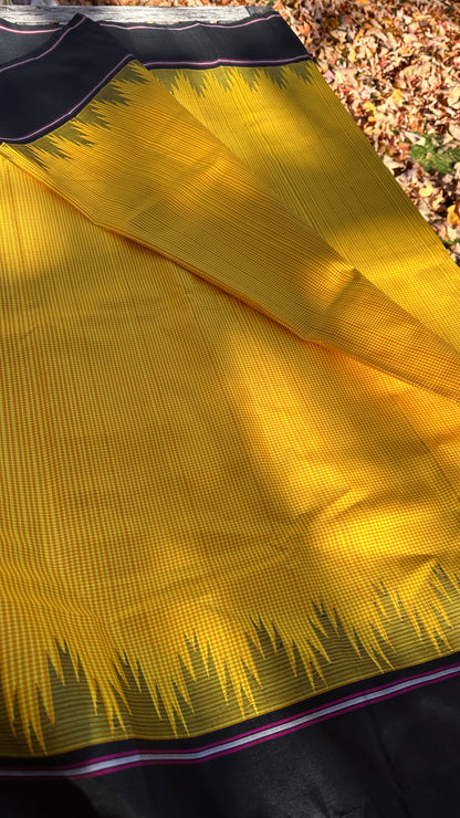 Pure Kanchipuram silk kattams no zari style saree - silk mark- yellow kattam with black