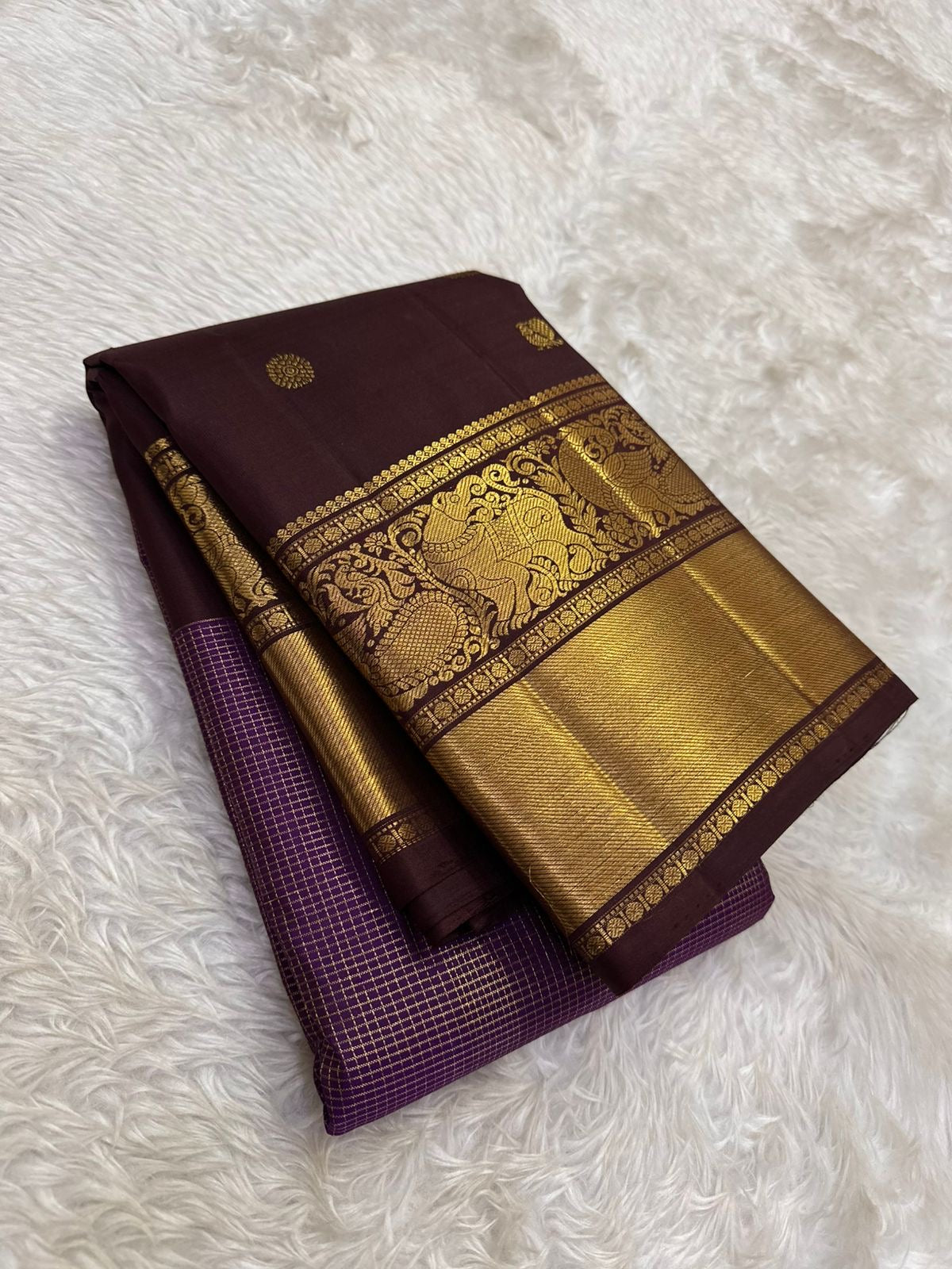 Coffee brown and aubergine pure silk saree with antique gold yali zari border – front view