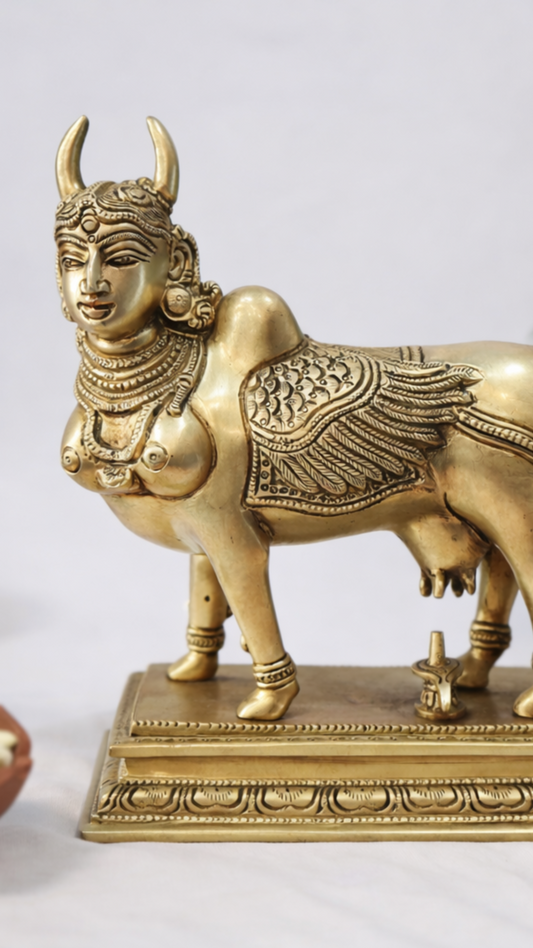 8 Inch Pure Brass Kamadhenu – Hindu Sacred Kamadhenu Sculpture on Ornate Pedestal