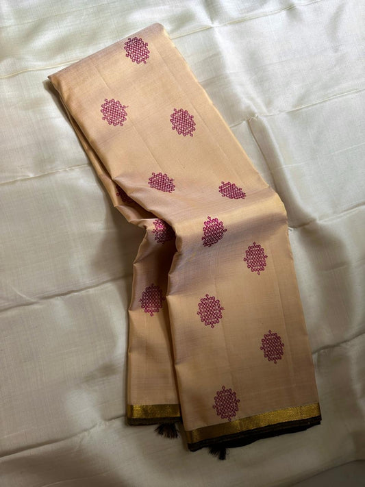 Half white cream  purple selvedge and border with overall kolam woven motif in pure silk Kanchipuram saree
