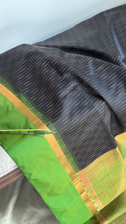 Black copper and lush  green soft silk saree