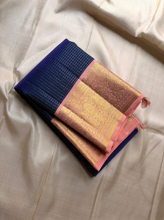 Neelaambal – Royal Calm Sea Blue Pure Kanchipuram Silk Saree with Peach Pink Border, Intricate Zari Detailing & Matching Blouse Fabric (Silk Mark Certified, Handloom, Fall & Pico Done, Free USA Shipping)