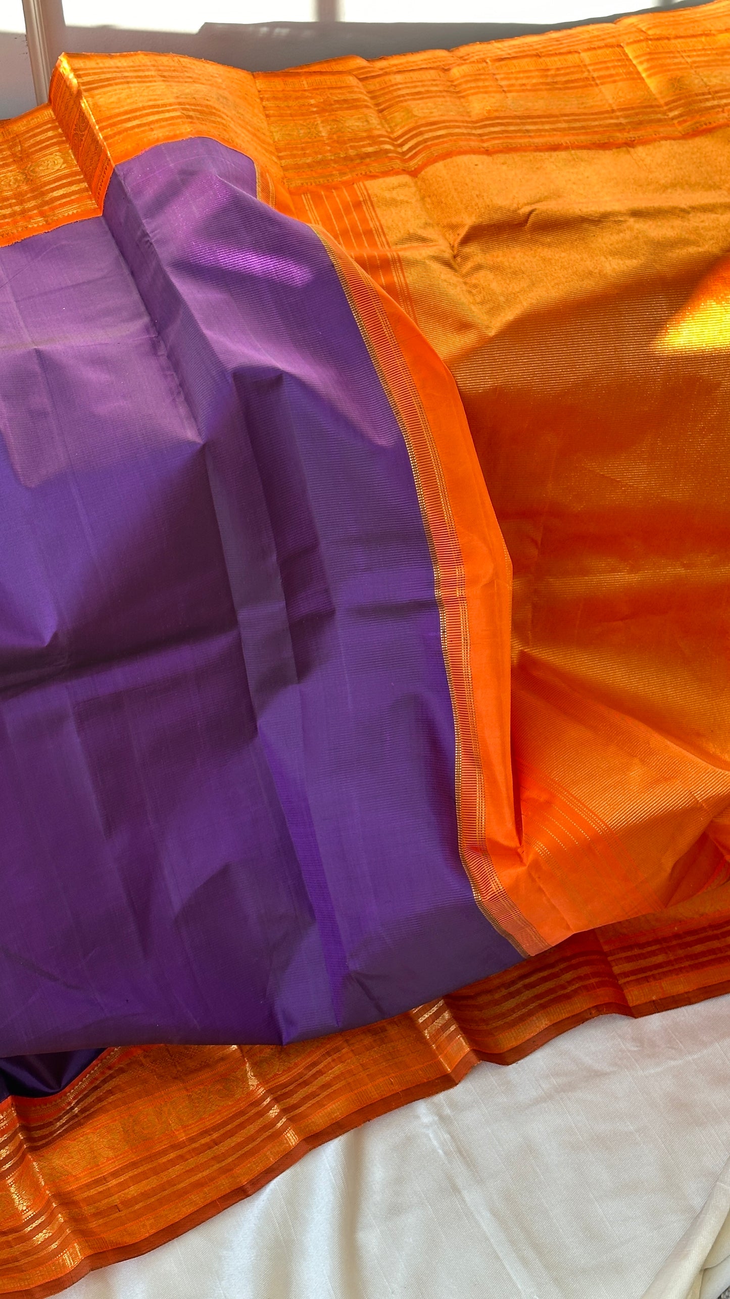 Pure silk Kanchipuram - silk mark - grape purple and tangerine orange