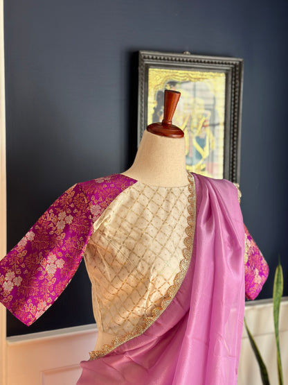 Pure banarasi silk blouse with pure tissue silk  saree - Cream and Lavender ( Rita series )