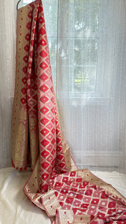 Pink and red banarasi saree set