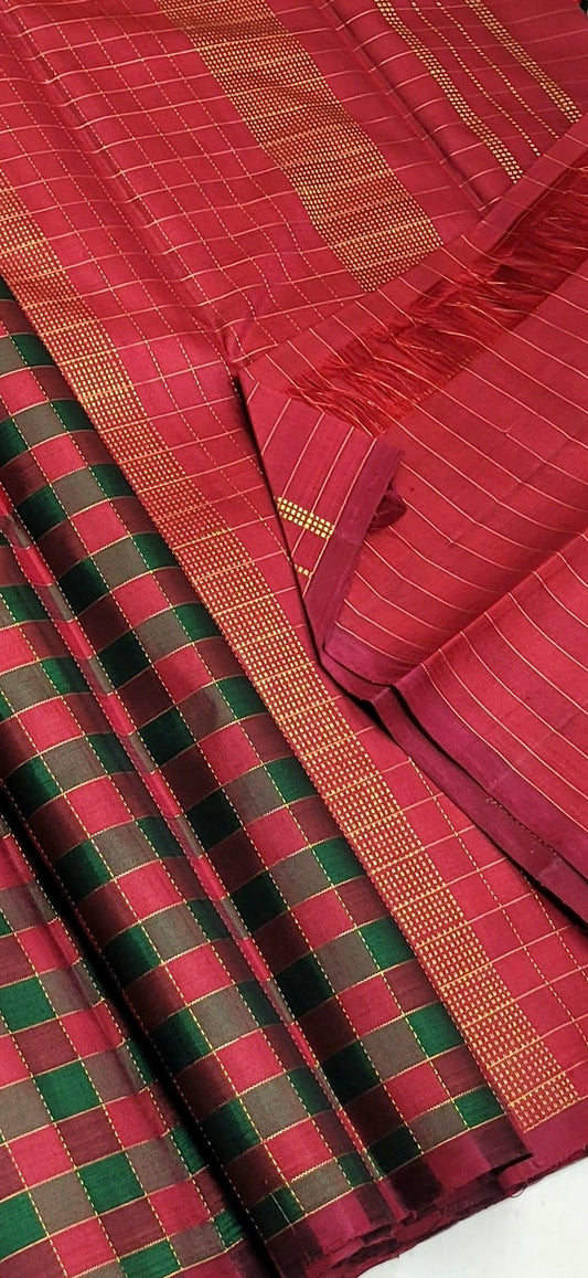 Red green maroon and gold checks pure silk Kanchipuram with seer zari Pallu