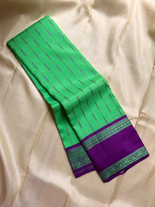 Varsha – Parrot Green & Purple Pure Silk Kanchipuram Saree with Rain-Inspired Thread Buttas - Zari less silk thread version
