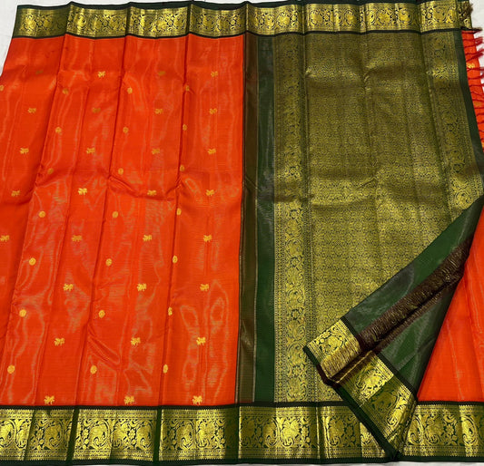 Pure Kanchipuram Silk Saree – Vermilion Orange with 2g Zari Korvai Border and Flying Horse Butta