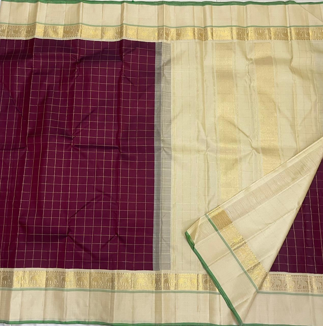 Kanchana Checks — Pure Kanchipuram Silk
Jamuni Gold Grid × Ivory border  with Gaja Zari
Ivory Zari Pallu • Contrast Jamuni Blouse
Silk Mark Certified • Free Shipping within USA
Dispatch in 1 Week • Ships in Two Weeks