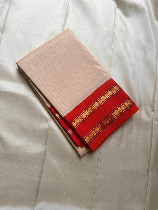 Sharvani Red– Cream Checked Silk Saree with Red Orange shot color Zari Border & Vibrant Pallu
A timeless silk saree featuring a cream body with delicate red checks, complemented by a striking red zari border pallu.