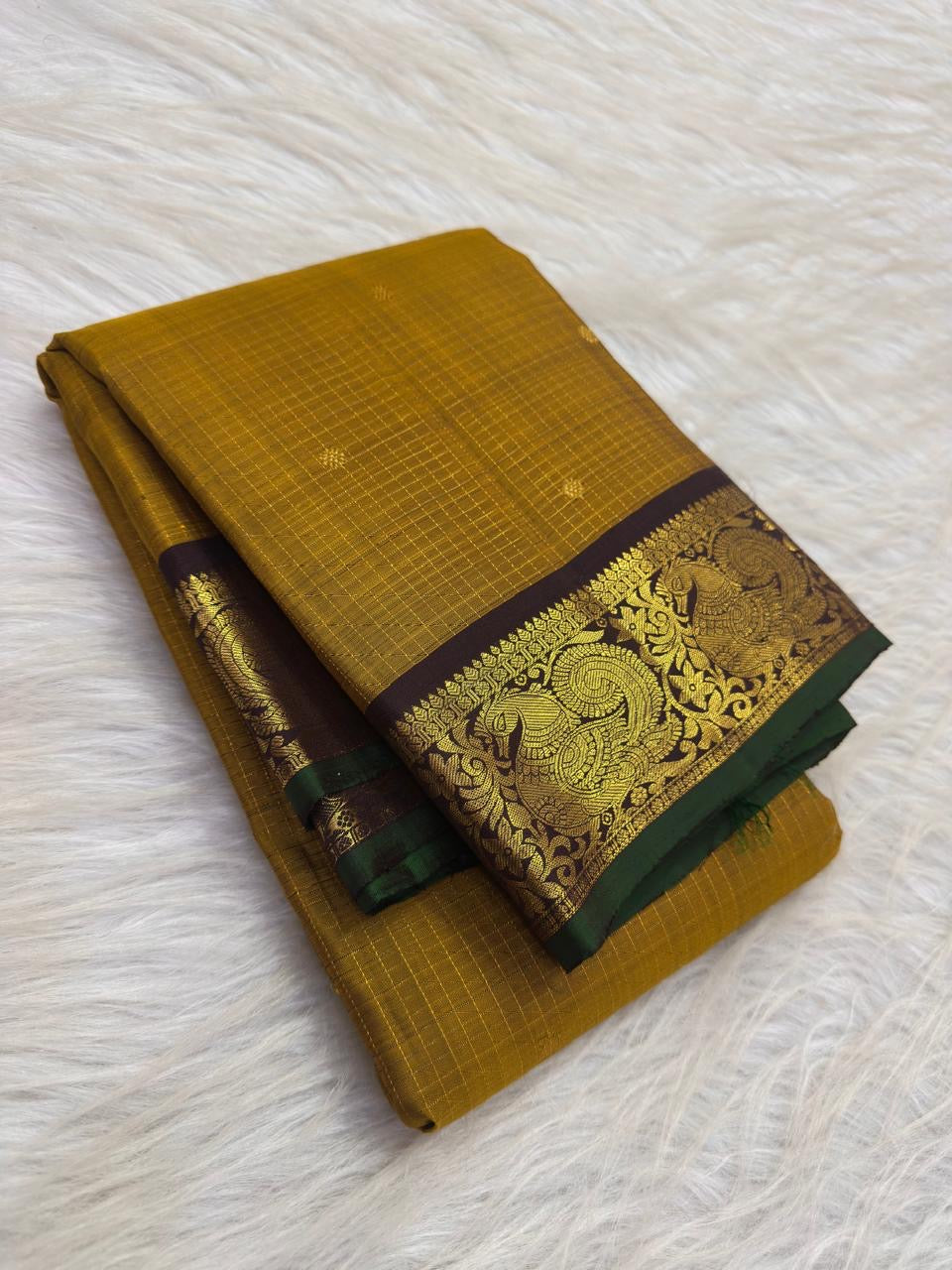Mustard Yellow Handwoven Pure Silk Kanjivaram Zari Kattam Saree with Coffee Brown Peacock Border – additional detail view 4