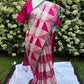 Nila – Ivory, Pastel Pink & Fuchsia Semi-Silk Saree with Geometric Weave.
Paired with a Ready-to-Wear Padded Blouse (Size 36–42)