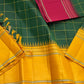 Vasantha Oli Kattam — Pure Silk Kanchipuram
Radiant mustard-yellow body with parrot-green kattam checks 🌿
Temple korvai borders & raspberry-pink contrast pallu ✨
Lightweight festive handloom weave with gold zari accents 💫
Silk Mark Certified • Free Ship