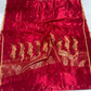 Folded Crimson Red handloom Chanderi saree with antique-gold floral buttas and narrow gold edging