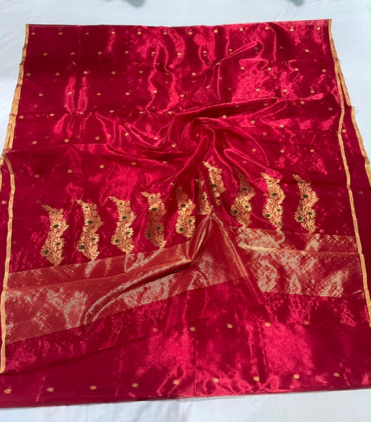 Folded Crimson Red handloom Chanderi saree with antique-gold floral buttas and narrow gold edging
