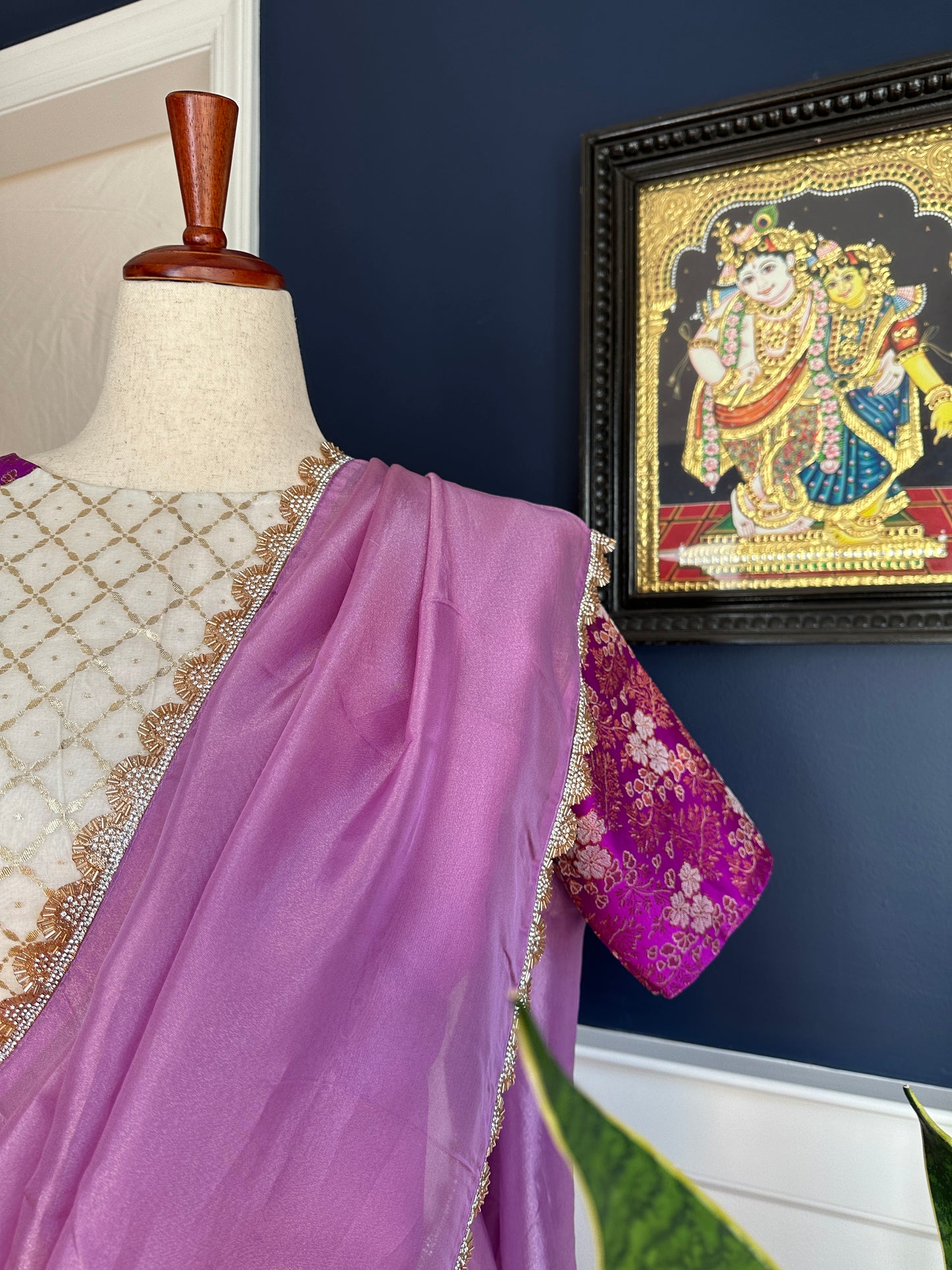 Pure banarasi silk blouse with pure tissue silk  saree - Cream and Lavender ( Rita series )