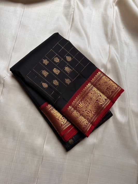 Very unique black and red pure silk Kanchipuram saree with vanasringaram border and woven zari motifs