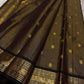 Shyama Kamalam—espresso-black Kanchipuram silk with vairaoosi stripes, lotus buttas, peacock-brocade borders & rich brocade pallu. Silk Mark. Free USA shipping.