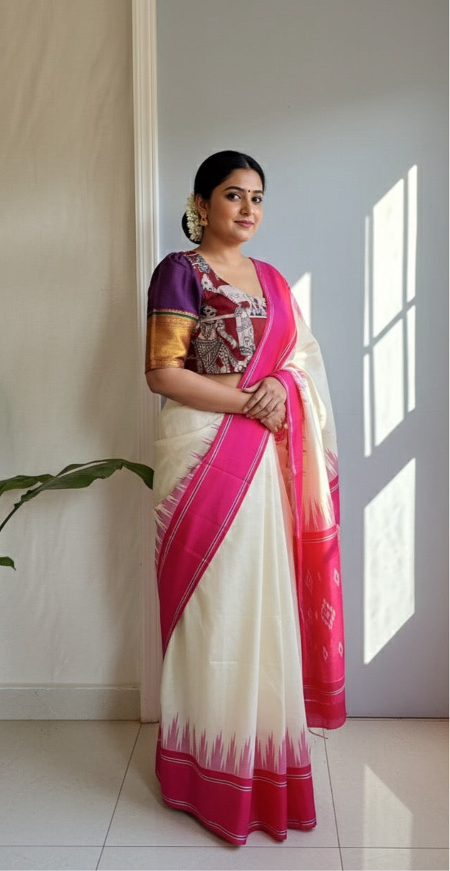 "Charu" collection - narayanpet and kalamkari blouse in purple and red