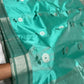 Aqua Turquoise handloom Pattu Silk Chanderi saree with luminous silver woven pallu