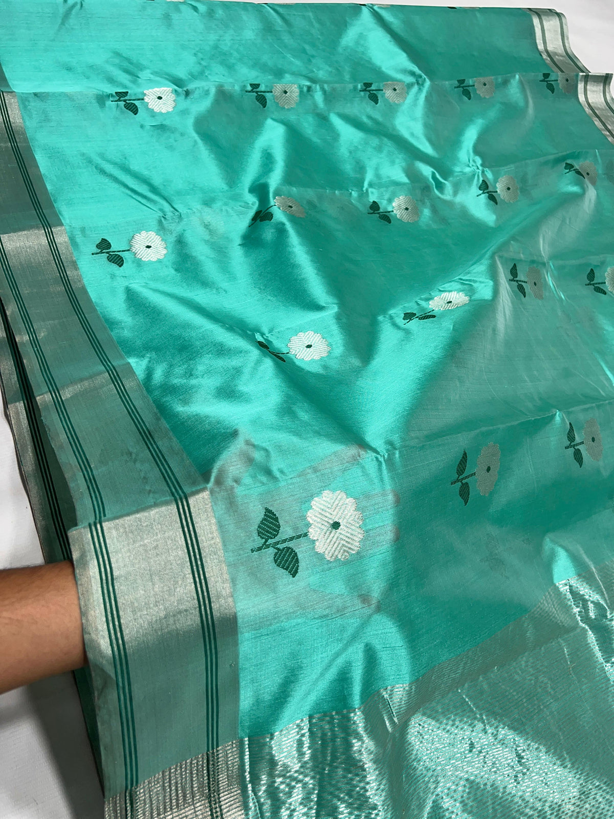 Aqua Turquoise handloom Pattu Silk Chanderi saree with luminous silver woven pallu