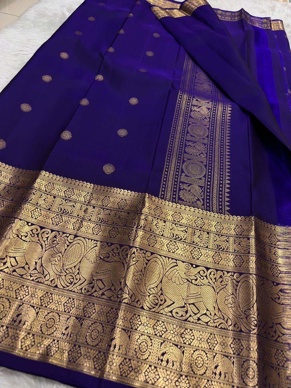 Royal indigo Pure Silk Kanjivaram Butta saree with ornamental medallion zari border craftsmanship