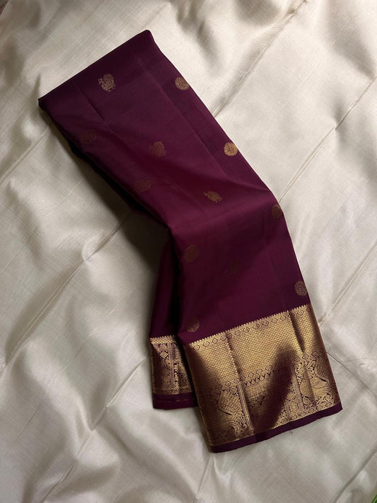 Archana – Handwoven Pure Silk Kanchipuram in Deep Brown with Gold Zari Accents & Ornate layered border