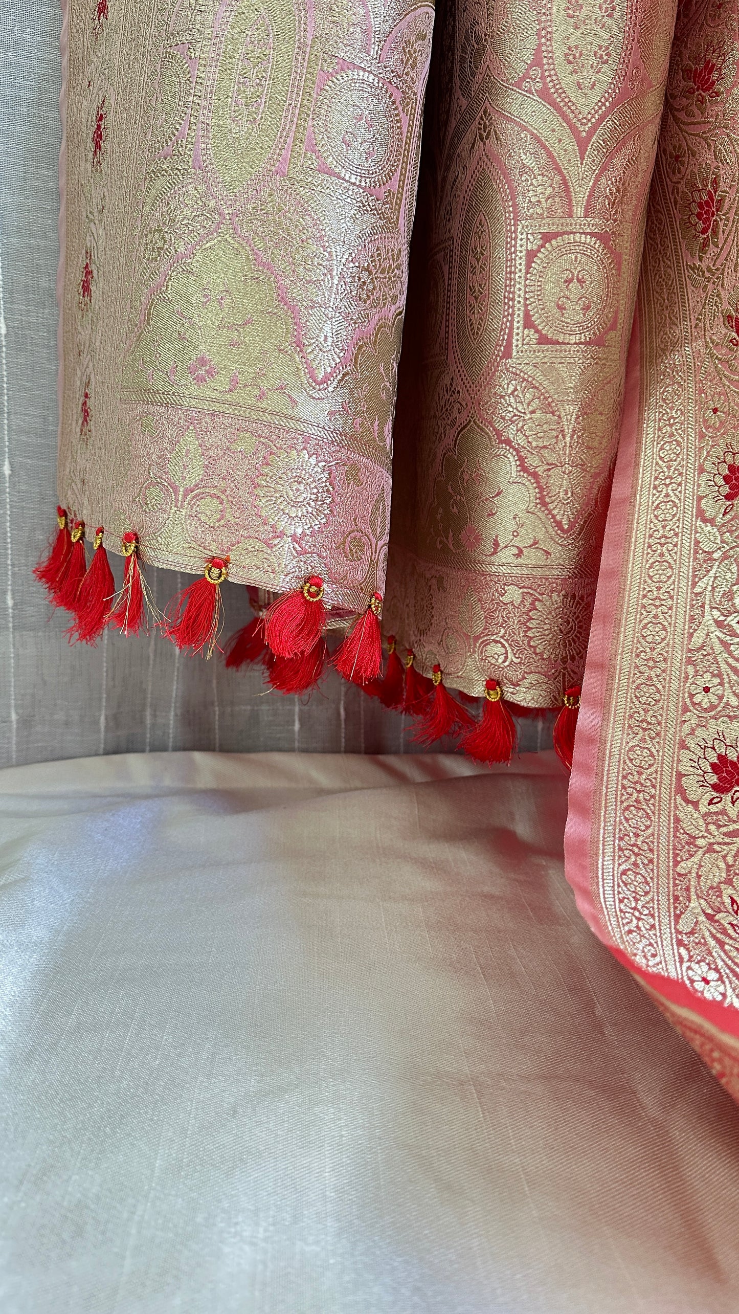 Pink and red banarasi saree set