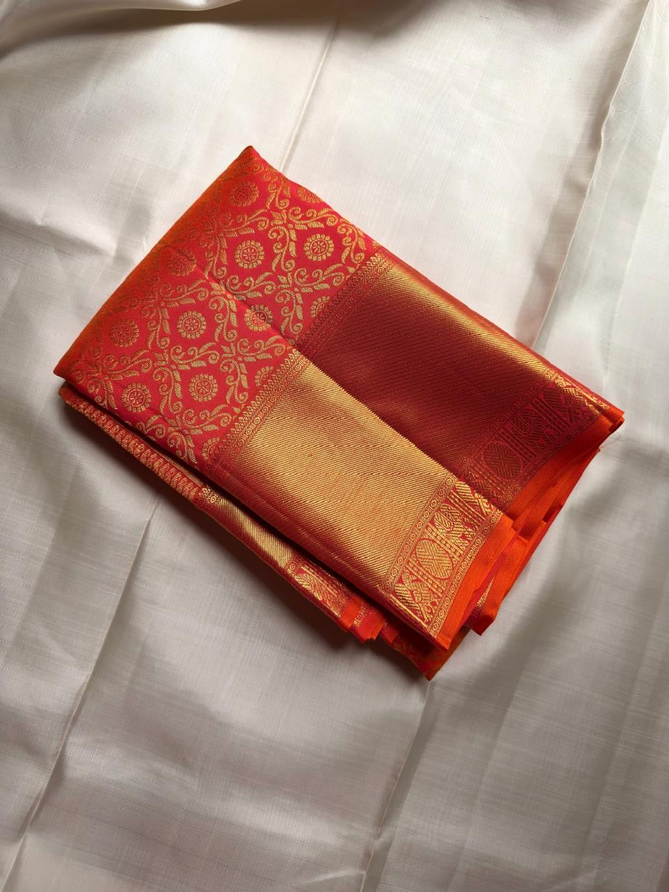 Sunset orange vermillion handwoven pure silk Kancheepuram saree — full saree overview — Idam Living