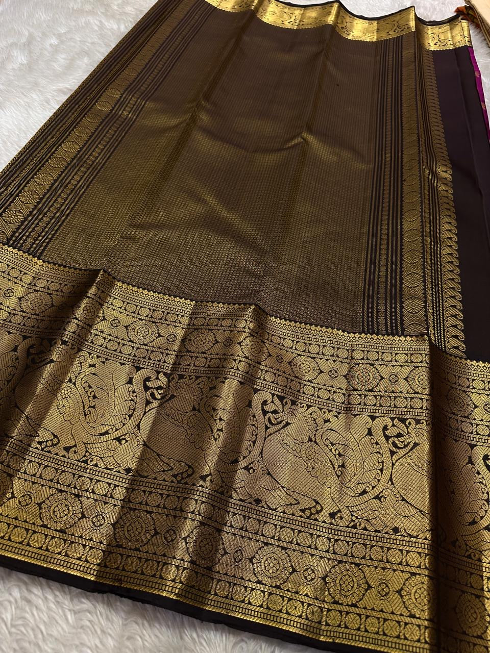 pink pure silk Kanchipuram with elaborate Zari peacock motif Vanasingaram border with deep brown Pallu