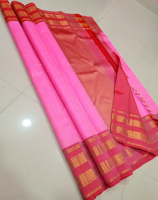 Pattu pink  Glow ✨ – Pure Kanchipuram Silk Saree in Candy Pink with Rani-Red Korvai Zari Border & Grand Brocade Pallu – Silk Mark Certified, Fall & Pico Done, Blouse Stitching Available, ships in two weeks