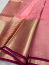 Pure handloom Kanchipuram silk saree with 3g gold zari ( testing certificate provided ) 
pastel pink  with thick bavanji  woven border and classic mayil chakram butta motif all over