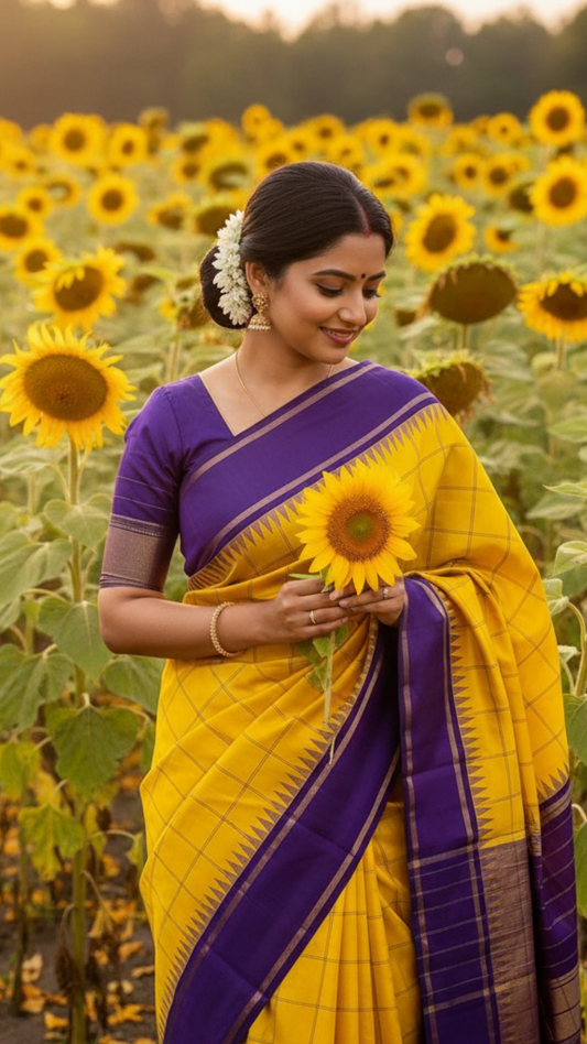 Haldi Violet Kattam Korvai
Pure Kanchipuram Silk Saree – Bright Haldi Yellow Checks with Contrasting Violet Korvai Borders
Minimal zari lines for an elegant look
Grand violet pallu with delicate zari stripes, silk mark certified, ships in 2 weeks