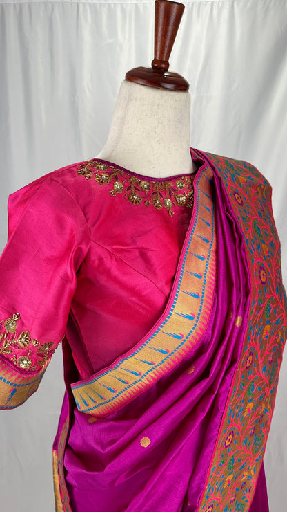 Paithani soft silk saree and embroidered blouse - purple and Pink