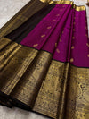 Half white cream  purple selvedge and border with overall kolam woven motif in pure silk Kanchipuram saree