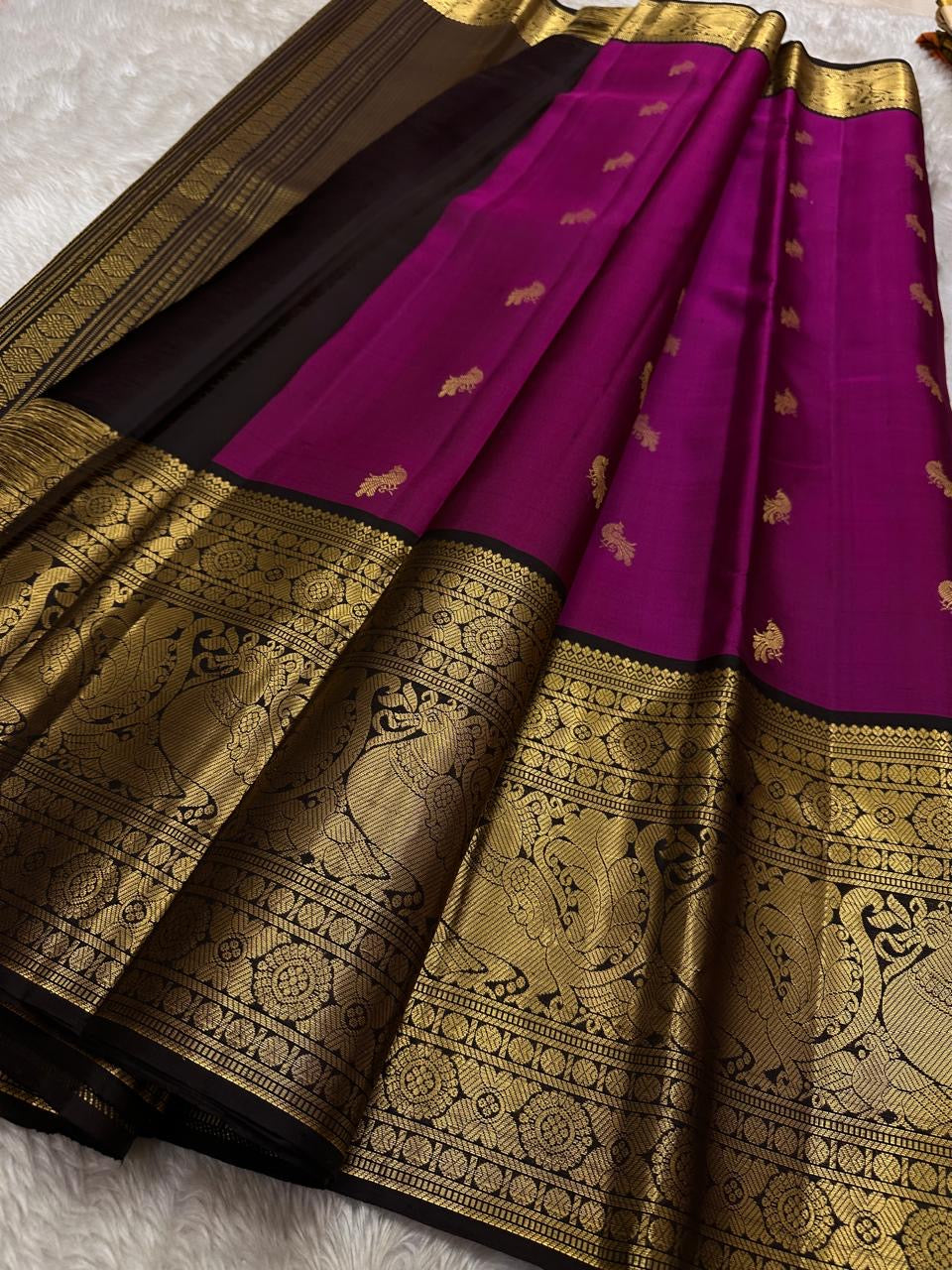 Half white cream  purple selvedge and border with overall kolam woven motif in pure silk Kanchipuram saree
