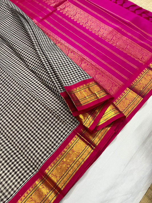 pattani kattam checks in lovely black and white with  pink mayil border silk cotton