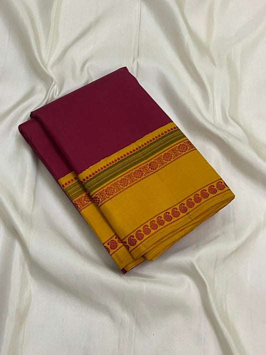 Turmeric Saffron Rettapettu — Pure Kanchipuram Silk
Rani pink body with saffron-yellow twin rettapettu borders & temple thread motifs
Silk Mark Certified • Free Shipping within USA • Ships in Two Weeks