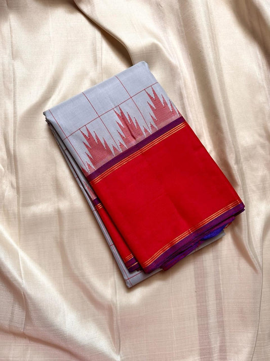 Tazhampoo 🌸 – Blue Kanchipuram Pure Silk Saree
Thazampoo Reku in Bright Orange-Red Border
Purple Selvedge for Vibrant Contrast
Handwoven in Our Family Village, Kanchipuram
Silk Mark Certified | Blouse fabric Included |stitching Available