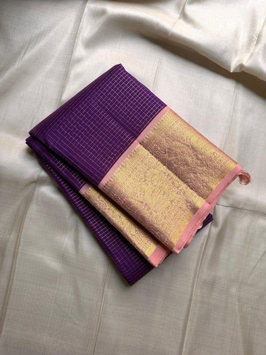 Kurinji – Regal Purple Zari Kattam Pure Kanchipuram Silk Saree with Peach Pink Border & Pallu, Intricate Zari Detailing, Matching Blouse Fabric (Silk Mark Certified, Handloom, Free USA Shipping)