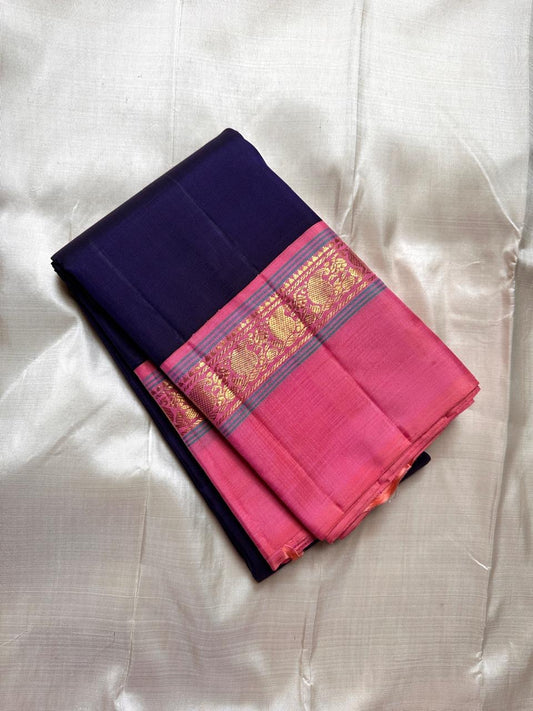 Purple  Pure Kanchipuram Silk Saree with Kaal Erangina pink Zari Border
