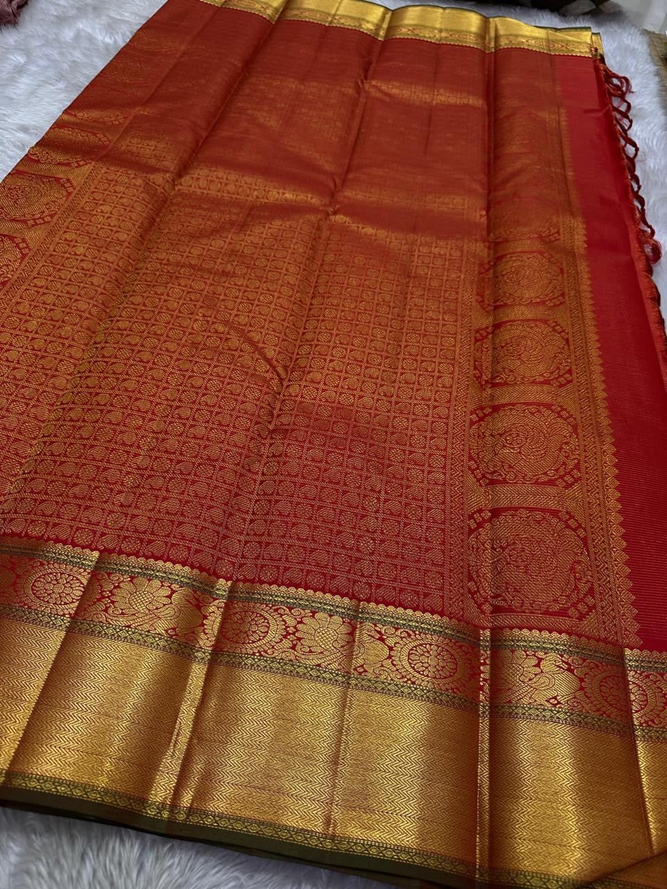 Nitya – Vibrant Red Pure Silk Kanchipuram Saree with Gold Vaira Oosi Stripes & Majestic Mayil Kamalam Border